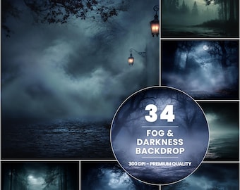 34 mist en duisternis achtergronden | Digitale achtergronden Dark Mist Forest | Humeurige mistige scène-achtergrond | Hoogwaardige set van 300 dpi