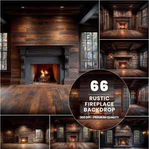 Pode incluir: Uma colagem de seis imagens mostrando fundos de lareiras rústicas. Os fundos apresentam paredes, pisos e mantos de madeira, com lareiras iluminadas por um brilho quente. O texto "66 RUSTIC FIREPLACE BACKDROP" é exibido.