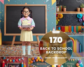 May include: A composite image featuring a young girl in a school uniform holding a book, with a large chalkboard behind her. The image includes various backdrops with school-themed elements, such as pencils, chalkboards, and the text "170 BACK TO SCHOOL BACKDROP".