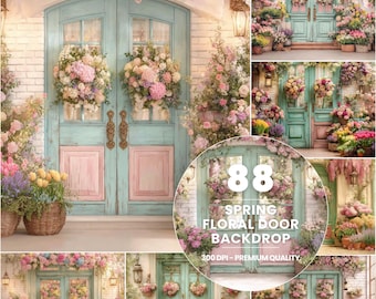 Fondo digital con puerta floral primaveral, fondo para fotografía estilo cottagecore (archivo JPG de 300 ppp)