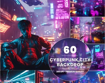May include: A collection of 60 cyberpunk city backdrop images. The images feature neon lights, futuristic buildings, and a rainy cityscape. The images are 300 DPI and are of premium quality.