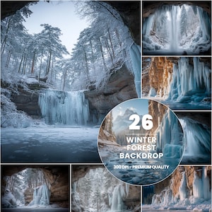 Winterwald Wasserfall Kulisse, verschneite Eishöhle Szene (Digitaler Download)