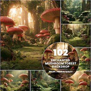 Può includere: Una collezione digitale di 102 sfondi di foreste di funghi incantate con funghi dal cappello rosso in un ambiente boschivo muschioso e soleggiato. Il testo 102 ENCHANTED MUSHROOM FOREST BACKDROP 300 DPI - PREMIUM QUALITY è su un overlay circolare.