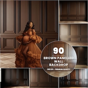 May include: A brown paneled wall backdrop with a woman in a brown dress. The backdrop has a classic design with rectangular panels. The image includes the text "90 BROWN PANELLED WALL BACKDROP 300 DPI - PREMIUM QUALITY".