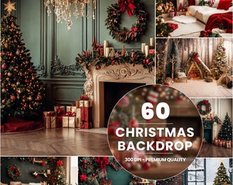May include: A collection of 60 Christmas backdrop images. The images feature various Christmas scenes, including a fireplace with a wreath, a Christmas tree, and a snowy winter scene. The images are high-resolution and perfect for creating festive digital backgrounds.