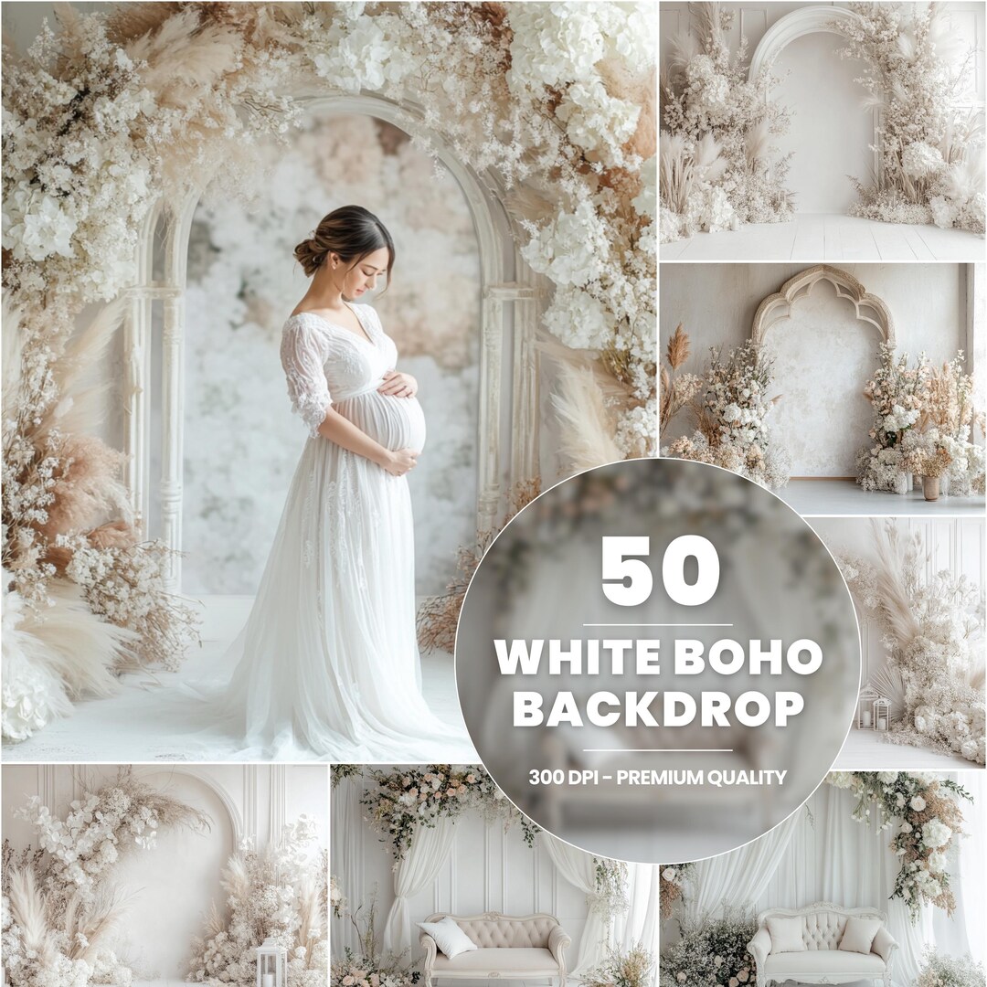 50 White Boho Floral Arch Backdrops: Maternity & Wedding (digital ...
