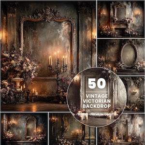 May include: A collage of vintage Victorian backdrops. The images feature ornate frames, floral arrangements, candelabras, and aged walls. The color palette includes dark greens, browns, and golds, with soft lighting. Text on the image reads "50 Vintage Victorian Backdrop".