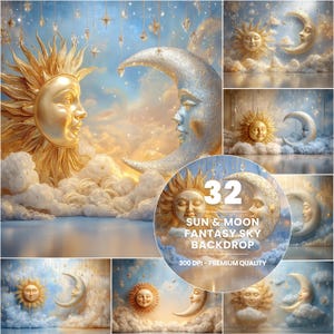 May include: A fantasy sky backdrop featuring a golden sun and a silver moon with faces, set against a cloudy, blue background. The image includes the text "32 SUN & MOON FANTASY SKY BACKDROP 300 DPI - PREMIUM QUALITY".
