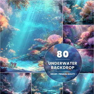 Pode incluir: Uma colagem de cenas subaquáticas com vibrantes recifes de coral em tons de rosa, laranja e roxo. A luz solar filtra-se através da água. Um gráfico circular diz "80 UNDERWATER BACKDROP 300 DPI - PREMIUM QUALITY."