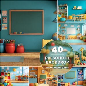 May include: A collage of preschool classroom backdrops. The images feature classrooms with colorful furniture, toys, and educational materials. The text "40 PRESCHOOL BACKDROP" is displayed in the center.