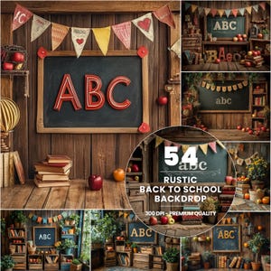 May include: A rustic back-to-school backdrop featuring a chalkboard with the letters "ABC" in red. The scene includes wooden crates, books, apples, and a banner. The backdrop is designed with a vintage aesthetic, perfect for photography.