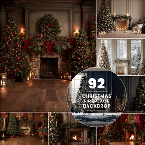 Puede incluir: Una colección de 92 fondos digitales de chimeneas navideñas con diversas escenas interiores, árboles decorados, chimeneas de piedra y mármol, guirnaldas festivas, lazos rojos e iluminación cálida para fotografía profesional.
