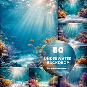 Pode incluir: Uma coleção de 50 imagens de fundo subaquático com recifes de coral vibrantes, peixes coloridos e raios de sol brilhando através da água. As imagens são de 300 DPI e de qualidade premium.