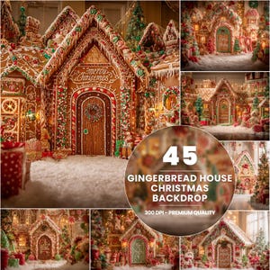 May include: A composite image featuring several gingerbread houses, adorned with colourful icing, sweets, and festive decorations. The houses display intricate designs, including wreaths, candy canes, and the text "Merry Christmas". The image is a Christmas backdrop.