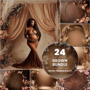 Digital bakgrund med 24 bruna blommiga graviditetstema: Boho Studioporträtt (digital nedladdning)