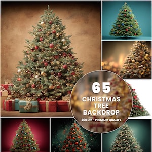 May include: A collection of Christmas tree backdrops. The main image shows a decorated evergreen tree with red and gold ornaments, and string lights. Several wrapped gifts are at the base of the tree. The image includes the text "65 Christmas Tree Backdrop 300 DPI - Premium Quality."