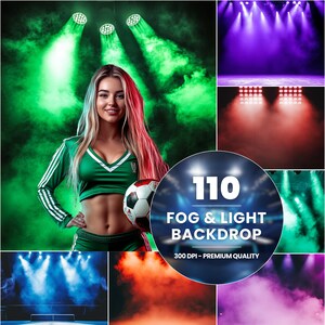 May include: A woman wearing a green and white sports jersey and shorts poses with a soccer ball in front of a green and white fog backdrop with spotlights. The text "110 FOG & LIGHT BACKDROP 300 DPI - PREMIUM QUALITY" is on a circle in the center of the image.