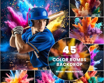 May include: 45 colorful explosion backgrounds for digital design.  Each background features a vibrant burst of color, perfect for adding a dynamic and eye-catching element to your projects.  300 DPI - Premium Quality.