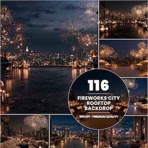 Op de afbeelding: Een collectie van 116 digitale fotografie-achtergronden met uitzicht op dakterrassen in de stad bij nacht, gouden vuurwerk, verlichte skylines en luxe loungeruimtes, gepresenteerd in een hoge resolutie van 300 DPI.