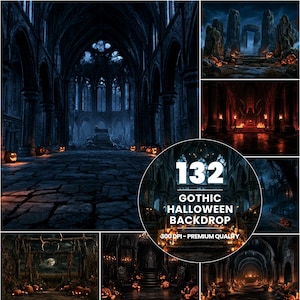 Puede incluir: Una colección de 132 fondos góticos de Halloween con escenas oscuras y atmosféricas, que incluyen catedrales de piedra, ruinas antiguas e interiores iluminados por velas, mostrando texturas detalladas y calabazas talladas.