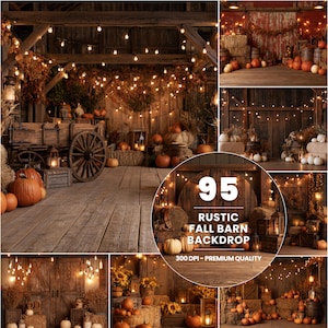 Puede incluir: Una colección de 95 fondos de fotografía digital que muestran interiores de graneros rústicos decorados para el otoño con carros de madera, balas de heno, calabazas naranjas y luces cálidas. El texto 95 RUSTIC FALL BARN BACKDROP 300 DPI es visible.