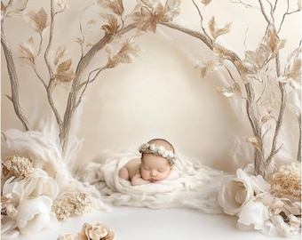 May include: A newborn baby wearing a white flower crown sleeps peacefully on a white fluffy blanket. The baby is surrounded by white flowers and branches with gold leaves.