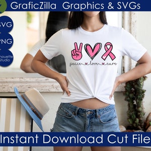 Peace Love Cure SVG, Conciencia del cáncer, SVG PNG Descarga instantánea archivo Silueta Cricut Sublimación, Conciencia del cáncer de mama, Cinta rosa