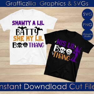 May include: Two Halloween-themed t-shirt designs. The white t-shirt has purple text that reads "Shawty a Lil Batty She My Lil Boo Thang" with a skull and pumpkin graphic. The black t-shirt has purple text that reads "His Lil Boo Thang" with a skull, pumpkin, and witch graphic.