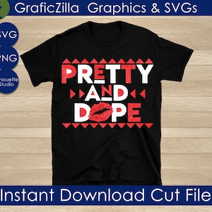 May include: A black t-shirt with a red graphic design that says "PRETTY AND DOPE" with a red lip print in the middle of the word "DOPE".