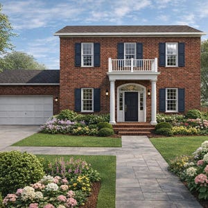 May include: A two-story brick house with a dark roof, white trim, and blue shutters. The house has a front porch with white columns and a balcony. Landscaping includes green grass, bushes, and flowers. A paved walkway leads to the front door.