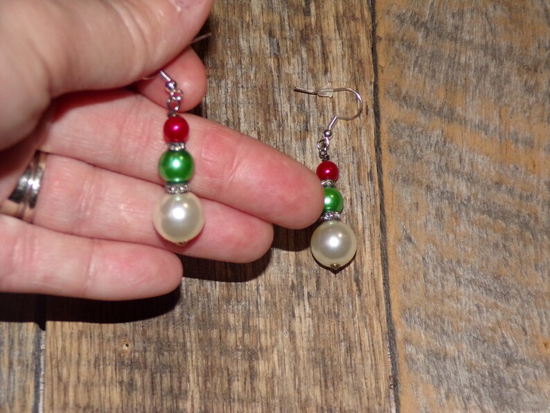 Handmade Red Green and White Pearl and Rhinestone Antique-Finish Dangle Earrings
