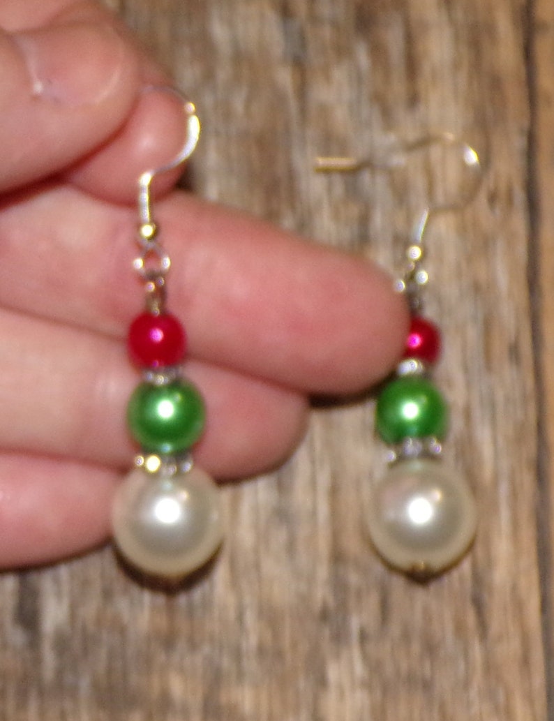 Handmade Red Green and White Pearl and Rhinestone Antique-Finish Dangle Earrings