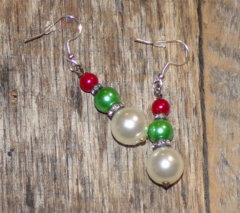 Handmade Red Green and White Pearl and Rhinestone Antique-Finish Dangle Earrings