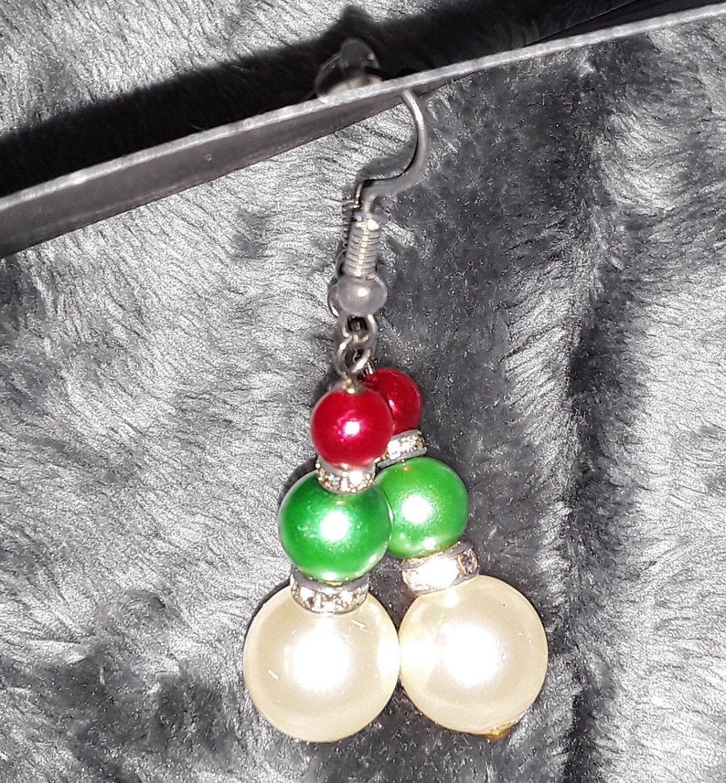 Handmade Red Green and White Pearl and Rhinestone Antique-Finish Dangle Earrings