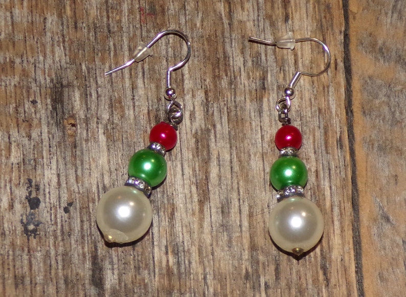 Handmade Red Green and White Pearl and Rhinestone Antique-Finish Dangle Earrings