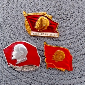 Set of Three Beautiful USSR 1980s Badges – Lenin’s Profile on Red Flag