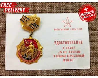 Vintage award badge USSR veteran of WWII &quot;25 Years of Victory in the Great War&quot; with the original award document from 1970.