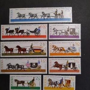 Serie di francobolli polacchi d'epoca del 1965 - Carrozze e diligenze antiche trainate da cavalli