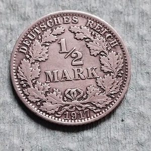 1917 German Empire 1/2 Mark Silver Coin – WWI Era Imperial Currency