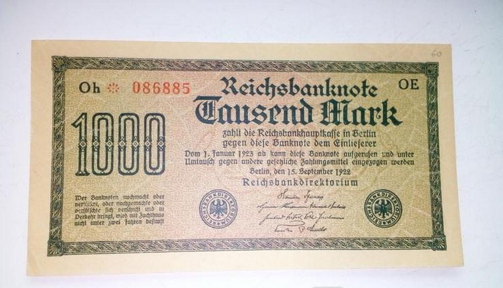 ドイツ　1000マルク 1922年 1922年ドイツ1000マルク紙幣 – ワイマール共和国ハイパーインフレ時代