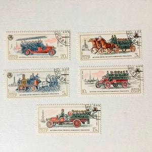 Set of 5 Vintage USSR Stamps - &quot;History of Domestic Fire Fighting Transport&quot; Series (1980s)