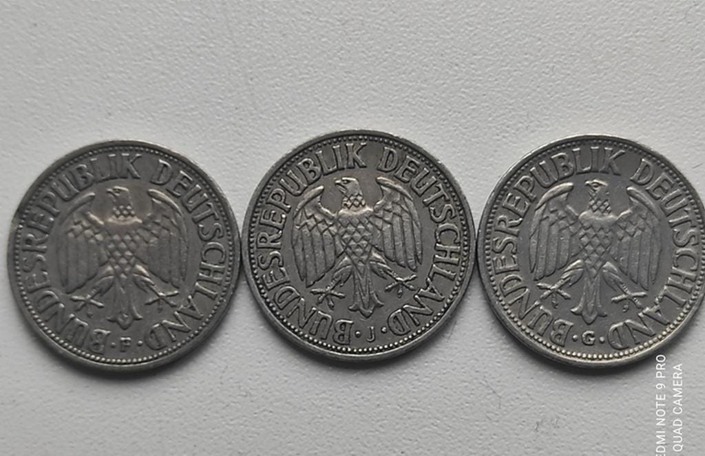 1950 年 1 マルク ドイツ コイン セット (F、J、G 造幣局マーク