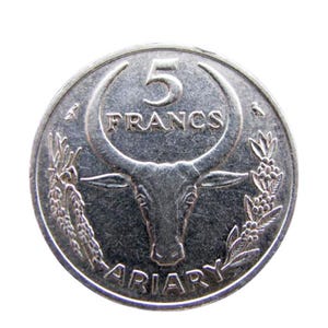Moneda vintage de 5 francos de Madagascar — 1967 / Diseño floral con cabeza de toro
