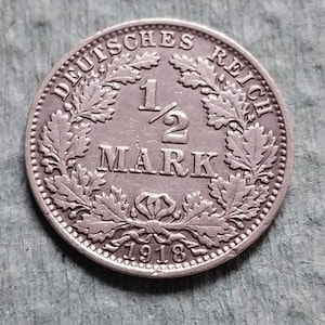1918 German Empire 1/2 Mark Silver Coin – Last Year of Imperial Germany