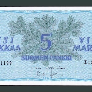 May include: A light blue Finnish 5 Markkaa banknote. The note features the text "VIISI MARKKAA" and "SUOMEN PANKKI". The number "5" is displayed in multiple locations. The note has a decorative pattern and a sprig of pine needles.