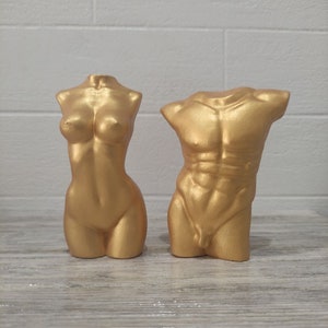 Golden Plaster Torso Statuette: Handmade Art Decor
