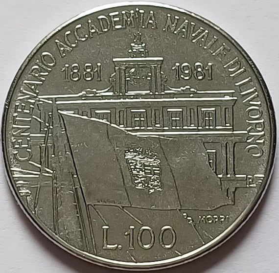 ヴィンテージ イタリア 100リラ硬貨 1981年 - リボルノ海軍兵学校100