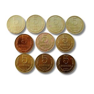 Vintage USSR Copper Coin Set – 5 Kopecks (1961-1991) – 10 Coins Without Repeats