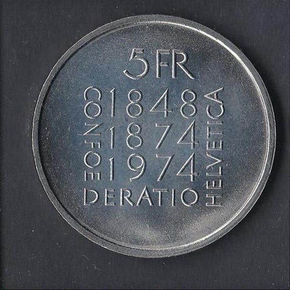 ヴィンテージ スイス 5フラン硬貨 — 1974年「スイス憲法100周年