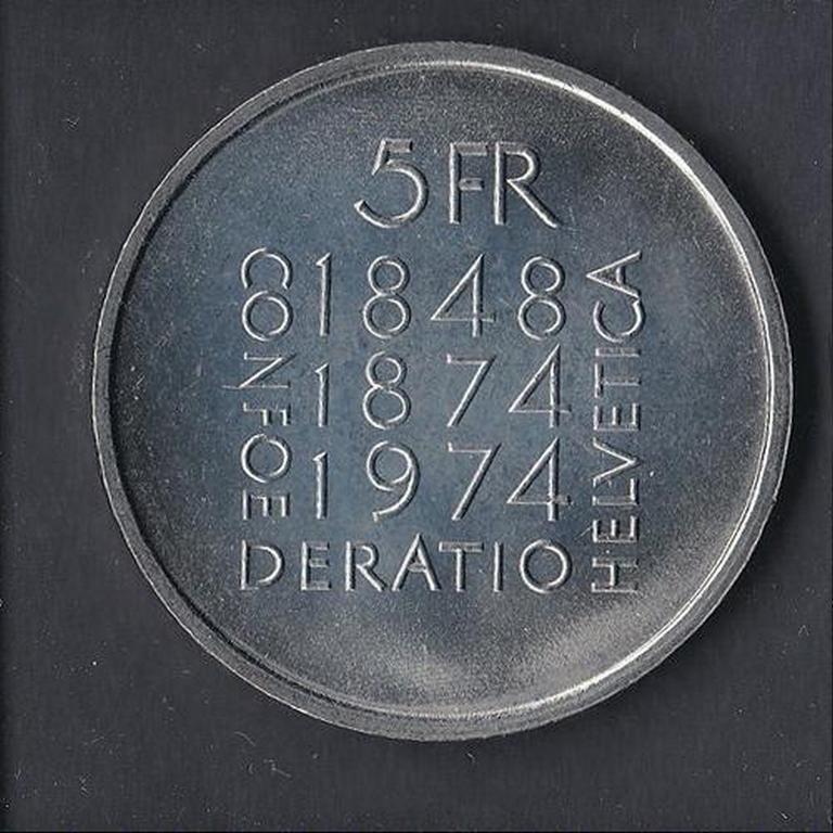 ヴィンテージ スイス 5フラン硬貨 — 1974年「スイス憲法100周年
